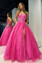 Strapless Beaded Ball Gown with Slit in Hot Pink