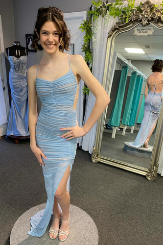 Montana | Lace-Up Back Mermaid Ruched Maxi Dress with Slit in Light Blue