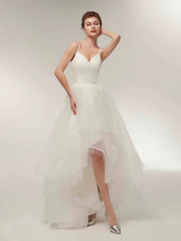 A-Line Wedding Dresses V Neck Asymmetrical Tulle Spaghetti Strap Simple Casual Little White Dress with Side-Draped