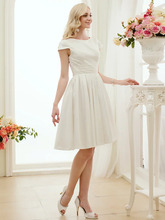 A-Line Wedding Dresses Jewel Neck Knee Length Satin Short Sleeve Formal Simple Casual Little White Dress with Sash  Ribbon