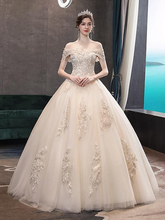 Princess Ball Gown Wedding Dresses Off Shoulder Floor Length Lace Tulle Sequined Short Sleeve Formal Romantic Luxurious Sparkle & Shine with Pleats Appliques