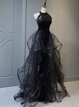 High Neckline Black Halter Shiny Tulle And Sequins Evening Dress, Black Tulle Prom Dress Y1864