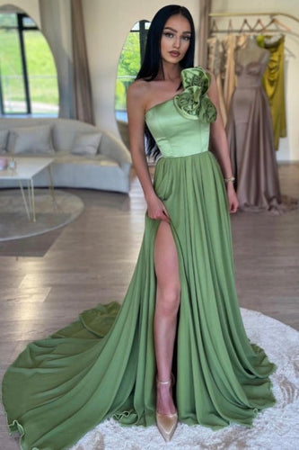 Sage One-Shoulder High Split Prom Dress With Court Train