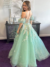 Sage Green Floral Glitter Tulle Prom Dress with Puff Sleeves
