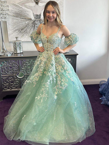 Sage Green Floral Glitter Tulle Prom Dress with Puff Sleeves