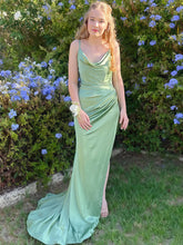 Sage Green Ruched Waist Satin Cowl Neck Prom Dress with High Slit