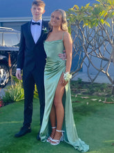 Sage Green Ruched Waist Satin Cowl Neck Prom Dress with High Slit