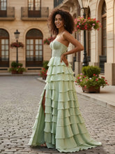 Sage Green Strapless Tiered Ruffle Prom Dress with Floral Lace Bodice