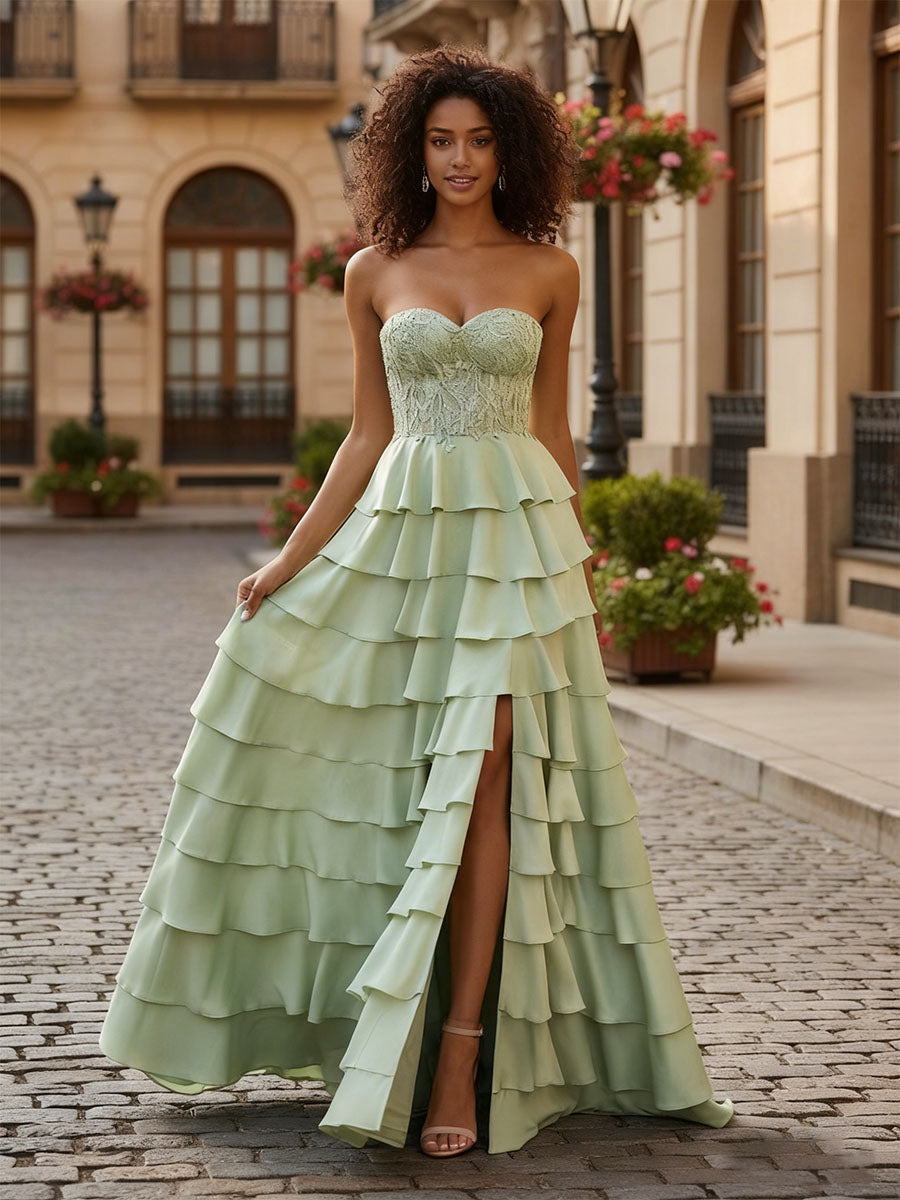 Sage Green Strapless Tiered Ruffle Prom Dress with Floral Lace Bodice