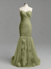 Dusty Rose Mermaid Strapless Ruched Tulle Prom Dress with 3D Floral