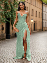 Red Strapless Beaded Fringe Waist Sequin Prom Dress with High Slit