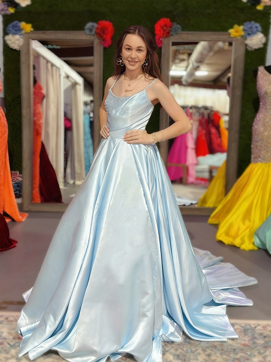 Satin A-Line Asymmetric Draped Bodice Crystal Beading Prom Dress