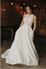 Satin A-line Lace Illusion Halter Neck Wedding Dresses With Sweep Train, MW611