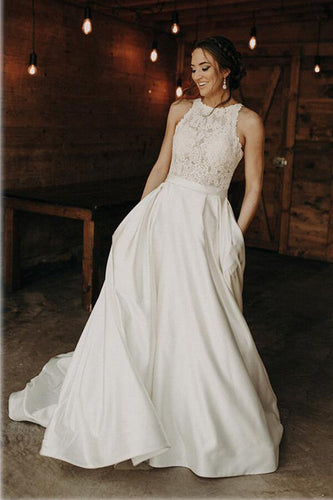 Satin A-line Lace Illusion Halter Neck Wedding Dresses With Sweep Train, MW611