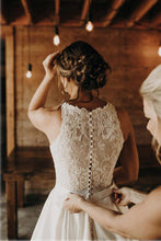 Satin A-line Lace Illusion Halter Neck Wedding Dresses With Sweep Train, MW611