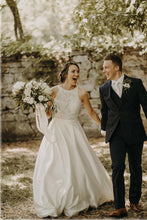 Satin A-line Lace Illusion Halter Neck Wedding Dresses With Sweep Train, MW611