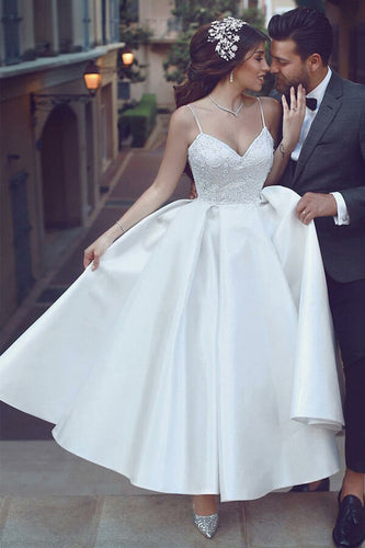 Satin A-line V-neck Spaghetti Straps Short Wedding Dresses with Appliques, MW514