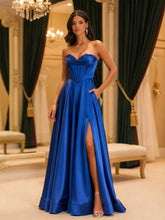 Satin Strapless Corset Bodice Prom Dress with High Slit