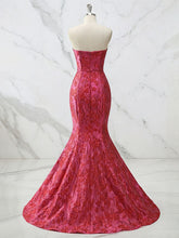 Sculpted Red Strapless Floral Brocade Mermaid Prom Dress