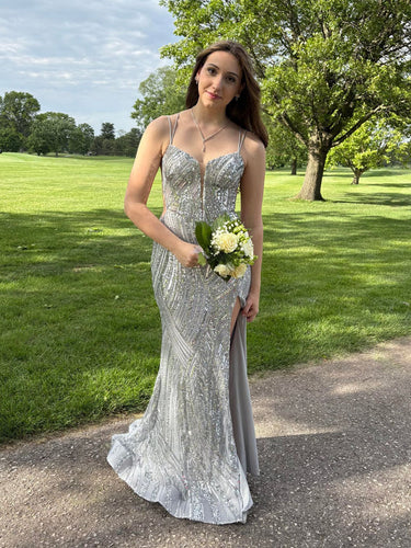 Sequin Pattern Plunging V-Neck Prom Dress with Slit