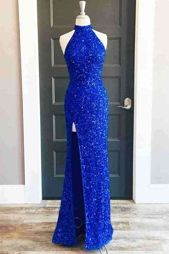Sequins High Neck Royal Blue Long Party Dress With Slit SYP91