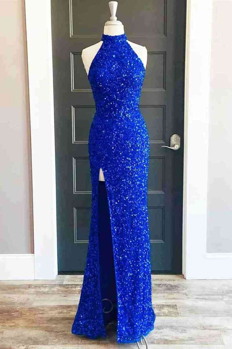Sequins High Neck Royal Blue Long Party Dress With Slit SYP91