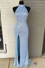 Sequins High Neck Royal Blue Long Party Dress With Slit SYP91