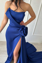 Sexy Simple Long Royal Blue Strapless Satin Prom Dress With Slit