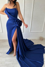 Sexy Simple Long Royal Blue Strapless Satin Prom Dress With Slit