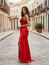 Sheath/Column Cowl Neck Pleated Sequins Satin Prom Dress with Slit