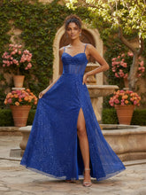 Sheath Spaghetti Straps Corset Long Prom Dress with Slit