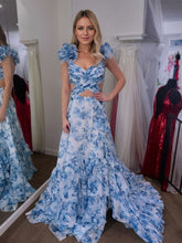 Sheath V Neck Blue Floral Tiered Prom Dress with Slit