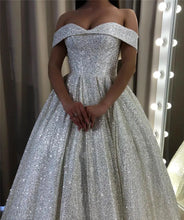 A-line Shiny Off the Shoulder Sequin Wedding Dresses Bridal Gown