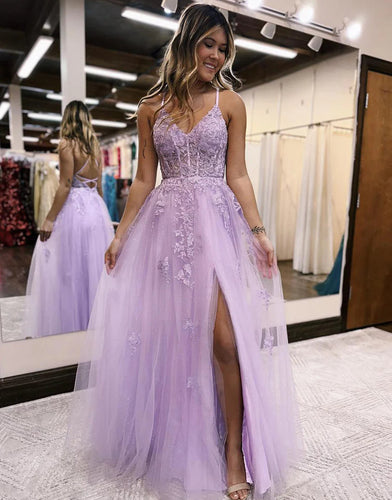 Tulle Spaghetti Strap Side Slit Lace Prom Dresses SYP158