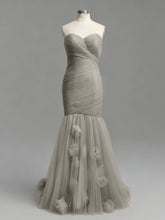 Dusty Rose Mermaid Strapless Ruched Tulle Prom Dress with 3D Floral