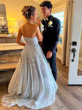 Silver Strapless A-Line All-Over Confetti Sequin Sparkle Prom Dress