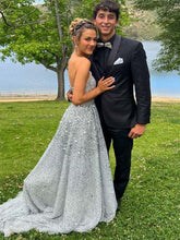 Silver Strapless A-Line All-Over Confetti Sequin Sparkle Prom Dress