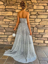 Silver Strapless A-Line All-Over Confetti Sequin Sparkle Prom Dress
