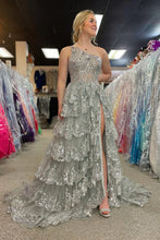 Gold Tulle Sequin One-Shoulder Ruffle Corset Prom Dress with Slit SYP173