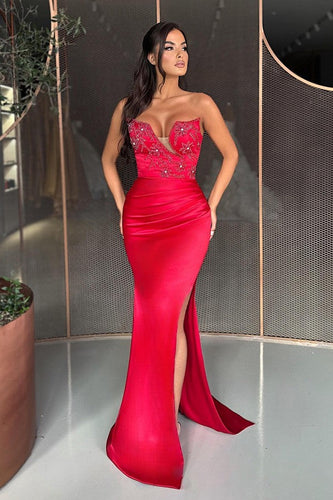 Sexy Strapless Mermaid Satin Beading Long Prom Dresses With Split
