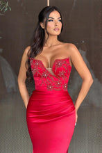 Sexy Strapless Mermaid Satin Beading Long Prom Dresses With Split