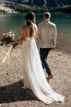 Simple A-line Lace Spaghetti Straps Beach Wedding Dresses With Train, MW567