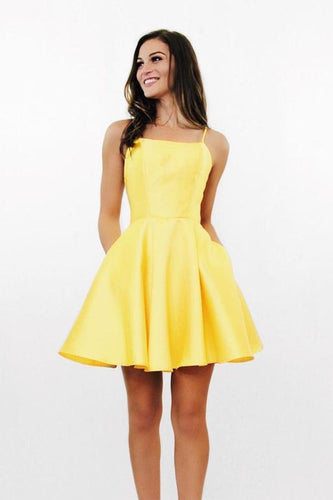 Simple A Line Cross Back Yellow Short Homecoming Dresses with Pockets  PD280