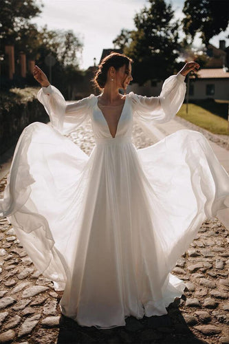 Simple Chiffon A-line Puffy Sleeves Beach Wedding Dress, Bridal Gown, MW644