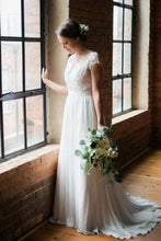 Simple Chiffon Lace Scoop Open Back Sweep Train Wedding Dresses, MW586