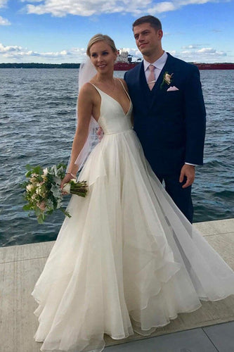 Simple Ivory A-line V-neck Backless Wedding Dresses, Beach Wedding Dress, MW557