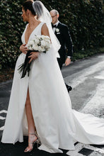 Simple Ivory Satin A-line V-Neck Wedding Dresses with Pockets, MW537