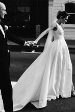 Simple Ivory Satin A-line V-Neck Wedding Dresses with Pockets, MW537