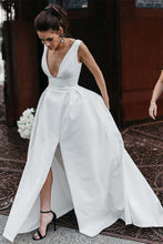 Simple Ivory Satin A-line V-Neck Wedding Dresses with Pockets, MW537