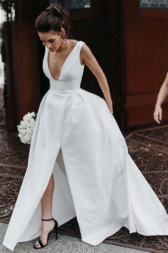 Simple Ivory Satin A-line V-Neck Wedding Dresses with Pockets, MW537